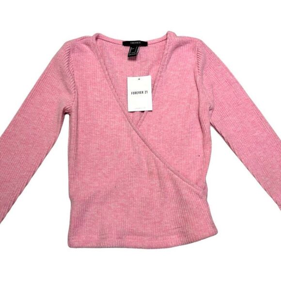 NWT FOREVER 21 Faux Wrap Knit Crop Top S Ribbed Long Sleeve Pullover 90s Retro - Picture 2 of 9